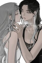  2girls bare_arms bare_shoulders black_hair black_tank_top blunt_bangs breasts cigarette cigarette_kiss collarbone eriol_s2 expressionless eyelashes grey_hair hair_over_shoulder half-closed_eyes hand_in_another&#039;s_hair highres holding holding_cigarette long_hair medium_breasts mouth_hold multicolored_hair multiple_girls original parted_lips pink_lips simple_background small_breasts smoking spaghetti_strap streaked_hair tank_top thick_eyebrows upper_body wavy_hair white_background white_eyes white_hair white_tank_top yuri  rating:General score:4 user:danbooru