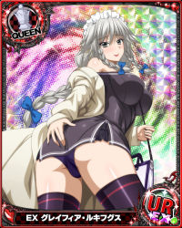 1girl ass blue_bow bow braid breasts card_(medium) chess_piece female_focus grayfia_lucifuge grey_eyes grey_hair hair_bow high_school_dxd large_breasts long_hair looking_at_viewer maid_headdress matching_hair/eyes mature_female official_art panties smile solo thighhighs twin_braids underwear rating:Questionable score:27 user:YuukoLover