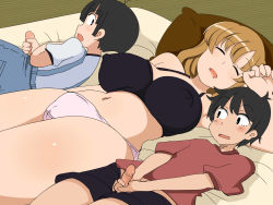 1girl 2boys aaa_(nisetsuru) age_difference bare_arms bare_legs bare_shoulders blonde_hair breasts cameltoe cleft_of_venus closed_eyes covered_erect_nipples curvy drooling dutch_angle floor futon groin highres indoors large_breasts legs legs_together long_hair looking_at_another lying masturbation midriff multiple_boys multiple_penises navel on_back on_side open_mouth panties penis shirt shorts shota sleeping small_penis t-shirt tank_top thighs uncensored underwear rating:Explicit score:223 user:Ynyswydryn