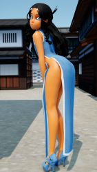  1girl 3d ass avatar:_the_last_airbender avatar_legends bent_over black_hair blue_eyes blush china_dress chinese_clothes dress high_heels highres katara long_hair looking_at_viewer looking_back no_panties ponchi side_slit solo  rating:Questionable score:417 user:twilight_jester