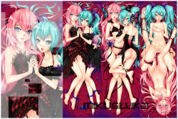 2girls acute_(vocaloid) ankle_ribbon aqua_eyes aqua_hair artist_name ass barefoot blue_eyes blush bra breasts bug butterfly character_name dakimakura_(medium) dress feet female_focus fingerless_gloves gloves grabbing_own_breast hand_on_another&#039;s_head hand_on_another&#039;s_hip hat hatsune_miku headphones headset holding_hands insect interlocked_fingers jewelry leg_ribbon legs long_hair looking_at_viewer looking_back lying magnet_(vocaloid) medium_breasts megurine_luka mini_hat mini_top_hat multiple_girls nail_polish navel necklace nipples noodle-y nude open_mouth panties panties_around_leg pink_hair project_diva_(series) project_diva_f pussy pussy_juice ribbon saliva small_breasts striped_clothes striped_panties thigh_gap toenail_polish toenails toes top_hat twintails uncensored underwear very_long_hair vocaloid yuri rating:Explicit score:92 user:danbooru