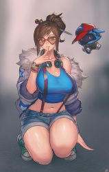 1girl bare_shoulders blizzard_(company) breasts brown_hair curvy fur-trimmed_jacket fur_trim glasses highres huge_breasts instant_ip jacket large_breasts looking_at_viewer mei_(overwatch) navel overwatch overwatch_1 parted_lips shoes short_hair smile sneakers snowball_(overwatch) thick_thighs thighs wide_hips rating:Sensitive score:68 user:danbooru