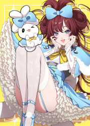  &gt;_o 1girl :d aegyo_sal alternate_costume blue_bow blue_capelet blue_eyes blue_footwear blue_skirt blush bow bowtie brown_hair capelet cinnamoroll drop_shadow frilled_sleeves frills fur-trimmed_capelet fur_trim garter_straps hair_bow hands_on_own_cheeks hands_on_own_face highres ichinose_shiki idolmaster idolmaster_cinderella_girls knees_up lace_thighhighs long_hair long_sleeves looking_at_viewer maou_(demonlord) one_eye_closed open_mouth petticoat pink_lips sanrio shirt skirt smile solo thighhighs thighs underbust white_shirt white_thighhighs yellow_background yellow_bow yellow_bowtie 