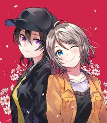 2girls ;) artist_name baseball_cap black_hair black_headwear black_jacket black_shirt blue_eyes breast_pocket check_commentary cherry_blossoms commentary_request cousins flower grey_hair hair_between_eyes hat hyugo jacket long_sleeves looking_at_another love_live! love_live!_sunshine!! love_live!_sunshine!!_the_school_idol_movie_over_the_rainbow multiple_girls one_eye_closed petals pocket purple_eyes red_background shirt short_hair smile upper_body watanabe_tsuki watanabe_you wavy_hair yellow_jacket yellow_shirt rating:Sensitive score:4 user:danbooru