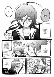 2girls ahoge bad_id bad_twitter_id clenched_teeth collarbone collared_shirt commentary_request danganronpa_(series) danganronpa_another_episode:_ultra_despair_girls empty_eyes eyelashes fukawa_toko furrowed_brow glasses greyscale hair_between_eyes hair_ornament hairclip korean_commentary korean_text long_hair messy_hair mole mole_under_mouth monochrome multiple_girls multiple_views nabu_(d4ng4nn6bu12) naegi_komaru newtype_flash open_mouth pointing pointing_at_another round_eyewear sailor_collar sailor_shirt shirt short_hair sparkle speech_bubble spoken_character sweatdrop teeth translation_request v-shaped_eyebrows 