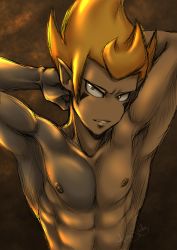  1boy abs absurdres ankama armpits arms_behind_head arms_up dark_skin highres iop_(wakfu) looking_at_viewer male_focus muscular nipples orange_hair pectorals pinup_(style) pointy_ears solo tattoo topless_male tristepin_percedal wakfu  rating:Sensitive score:5 user:BliBlaBlue