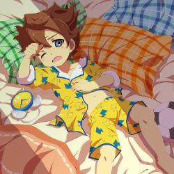  1boy alarm_clock arm_up blue_eyes blush brown_hair clock from_above full_body highres inazuma_eleven_(series) inazuma_eleven_go lightning_bolt_symbol lying male_focus matsukaze_tenma navel on_back one_eye_closed open_clothes open_mouth open_shirt pajamas pillow shirt short_hair shota solo star_(symbol) waking_up  rating:Questionable score:26 user:danbooru