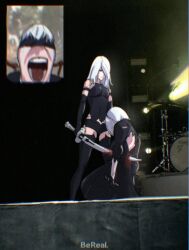  1boy 2b_(nier:automata) 2girls 9s_(nier:automata) a2_(nier:automata) android back_cutout black_blindfold black_dress black_footwear black_gloves black_shorts blindfold blood boots clothing_cutout commentary crying dress drum drum_set elbow_gloves english_commentary fan_screaming_at_madison_beer_(meme) gloves highres holding holding_microphone holding_sword holding_weapon impaled inset instrument joints juliet_sleeves long_hair long_sleeves meme microphone multiple_girls nier:automata nier_(series) puffy_sleeves robot_joints sarahryougi screaming short_hair short_shorts shorts spoilers stab stage_lights sword thigh_boots weapon white_hair 