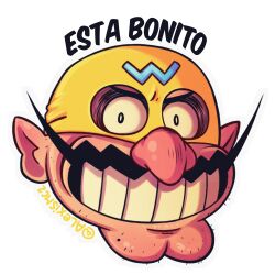  1boy absurdres alexismc2 alternate_costume artist_name black_eyes commentary commentary_typo english_commentary facial_hair head_only highres instagram_username looking_at_viewer male_focus mask mixed-language_commentary mustache nintendo pointy_ears smile solo spanish_commentary spanish_text teeth translated wario wario-man warioware 