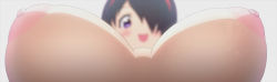  1girl absurdres black_hair blush breast_expansion breasts close-up from_below gigantic_breasts hairband highres maken-ki! nipples open_mouth purple_eyes satou_kimi screencap short_hair smile solo stitched takami_akio third-party_edit  rating:Questionable score:47 user:oppailover