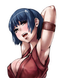 1girl arm_up armlet armpits blue_hair blush breasts character_request cleavage japanese_clothes large_breasts mole mole_under_mouth original red_eyes sgk short_hair simple_background solo rating:Questionable score:42 user:danbooru