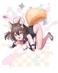  1girl absurdres alternate_costume animal_ear_fluff animal_ears areola_slip black_bow black_bowtie black_footwear black_gloves black_leotard blue_archive blush bow bowtie breasts brown_hair buttons checkered_background colored_inner_animal_ears commentary double-breasted eyeshadow floating fox_ears fox_mask fox_tail gloves hair_between_eyes hair_ornament halo heart high_heels highleg highleg_leotard highres izuna_(blue_archive) leotard looking_at_viewer makeup mask medium_breasts multicolored_background one_side_up open_mouth partially_fingerless_gloves pink_halo pink_scarf playboy_bunny pom_pom_(clothes) pom_pom_hair_ornament red_eyeshadow rope scarf shimenawa short_hair smile spoken_heart strapless strapless_leotard tail taiyaki12 top-down_bottom-up white_background white_wrist_cuffs yellow_eyes 