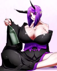  1girl alcohol bare_shoulders beer_bottle black_kimono black_sclera breasts character_request cleavage colored_sclera frown horns huge_breasts japanese_clothes kimono liquor off_shoulder pointy_ears purple_eyes purple_hair sharp_teeth shiny_clothes shiny_skin simple_background solo teeth yuuki_(yukigeshou_hyouka)  rating:Questionable score:18 user:crimsonsaber75