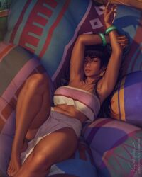  1girl armpits arms_up barefoot black_hair blunt_bangs breasts chel_(the_road_to_el_dorado) collarbone commentary dark-skinned_female dark_skin earrings english_commentary fingernails highres jewelry knee_up krystopher_decker large_breasts light_smile lips loincloth long_hair looking_at_viewer lying midriff navel on_back paid_reward_available parted_lips pillow realistic signature solo stomach strapless the_road_to_el_dorado toenails toes tube_top watermark web_address  rating:Sensitive score:106 user:danbooru