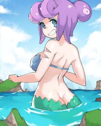 1girl ass back bare_shoulders bikini blue_bikini blue_eyes blue_sky butt_crack cala_maria_(cuphead) cuphead_(game) day from_behind grin highres looking_at_viewer looking_back mermaid monster_girl original outdoors pac-man_eyes partially_submerged purple_hair scar shell shell_bikini sky smile solo swimsuit tentacle_hair vins-mousseux water_surface rating:Sensitive score:56 user:danbooru