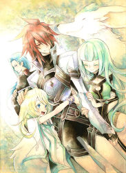  1girl 3boys :d ^_^ animal blonde_hair blue_eyes blue_hair bracelet brown_eyes closed_eyes dress frown green_dress green_hair hair_over_one_eye headpat holding_another&#039;s_arm hug jewelry kratos_aurion long_hair looking_at_another looking_back martel_(tales) mithos_yggdrasill multiple_boys nesu_(nsm888) noishe open_mouth red_hair smile spiked_hair tales_of_(series) tales_of_symphonia yuan_(tales) 