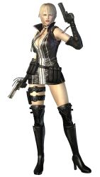 1girl 3d blonde_hair breasts cleavage dual_wielding female_focus full_body gun highres holding irene_lew large_breasts lipstick makeup ninja_gaiden ninja_gaiden_2_(xbox) official_art simple_background solo sonia_(sonisonia00) tecmo weapon white_background rating:Sensitive score:20 user:jojosstand