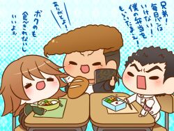  3boys armband bento black_eyes black_hair black_jacket black_sleeves blue_background breasts brown_hair brown_skirt buttons chibi chopsticks collared_jacket commentary_request crossdressing danganronpa:_trigger_happy_havoc danganronpa_(series) desk eating eyelashes flame_print food formal fujisaki_chihiro full_body furrowed_brow green_jacket green_sleeves high_collar holding holding_chopsticks holding_food ishimaru_kiyotaka jacket layered_sleeves light_blush long_sleeves male_focus medal medium_breasts miniskirt moiton multicolored_hair multiple_boys on_chair open_mouth owada_mondo pants pleated_skirt pocket polka_dot polka_dot_background pompadour red_armband sailor_collar school_desk shirt short_hair simple_background sitting skirt smile solid_oval_eyes suit thick_eyebrows thumbs_up translation_request trap two-sided_fabric two-sided_jacket two-tone_hair v-shaped_eyebrows white_jacket white_pants white_sailor_collar white_shirt white_sleeves white_suit yumaru_(marumarumaru) 