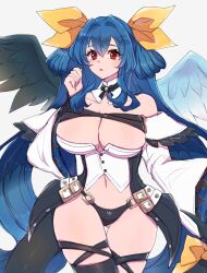  1girl angel_wings asymmetrical_wings bare_shoulders belt black_panties blue_hair breasts chemaru_(a8l) cleavage cleavage_cutout clothing_cutout collarbone crop_top detached_collar detached_sleeves dizzy_(guilty_gear) gluteal_fold guilty_gear guilty_gear_xrd hair_between_eyes hair_ribbon hair_rings highres huge_breasts large_breasts long_hair long_sleeves mature_female midriff monster_girl navel open_mouth panties red_eyes ribbon showgirl_skirt simple_background skindentation skirt solo stomach tail tail_ornament tail_ribbon thick_thighs thigh_gap thigh_strap thighs twintails underwear very_long_hair wide_hips wide_sleeves wings yellow_ribbon  rating:Questionable score:12 user:zombiespacial