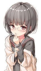  1girl black_hair black_sailor_collar black_shirt blunt_bangs blush bob_cut brown_eyes brown_sweater cardigan closed_mouth collarbone commentary_request finger_to_mouth furrowed_brow glasses hand_on_own_arm hand_on_own_chin kuresuku_(lessons) long_sleeves looking_at_viewer looking_to_the_side open_cardigan open_clothes original raised_eyebrows rectangular_eyewear sailor_collar school_uniform shirt short_hair sideways_glance single_off_shoulder solo sweater thick_eyelashes three_quarter_view upper_body white_background 