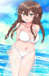 1girl absurdres arms_behind_back bikini blue_sky braid breasts brown_hair cleavage cloud day feet_out_of_frame front-tie_bikini_top front-tie_top green_eyes highres itsuya_(hmizugucti) kantai_collection large_breasts leaning_forward looking_at_viewer low_twintails noshiro_(kancolle) outdoors sarong see-through_sarong side-tie_bikini_bottom sky solo swimsuit thigh_gap twin_braids twintails white_bikini  rating:Sensitive score:1 user:danbooru