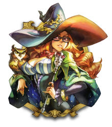  1girl bird breasts cleavage covered_erect_nipples curly_hair female_focus glasses grand_knights_history hat jewelry kamitani_george large_breasts large_hat long_hair muse_cromwell official_art orange_hair owl purple_eyes ring shawl simple_background solo vanillaware witch witch_hat  rating:Sensitive score:26 user:Fiddle