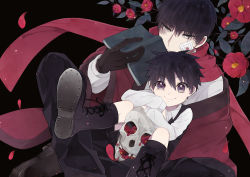  2boys bad_id bad_pixiv_id bandages black_footwear black_gloves black_hair blue_eyes blush book boots camellia cross-laced_footwear dress_shirt flower gloves highres holding holding_book knee_boots konkichi_(flowercabbage) lace-up_boots long_sleeves looking_at_viewer male_focus mononobe_kosho-ten_kaikitan mononobe_koshoten_kaikitan mononobe_shoutarou multiple_boys original pants petals purple_eyes red_scarf scarf shiro_(mononobe_kosho-ten_kaikitan) shiro_(mononobe_koshoten_kaikitan) shirt shorts skull smile white_shirt 
