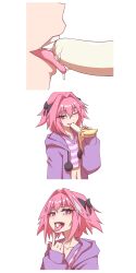 1boy absurdres androgynous astolfo_(fate) astolfo_(memories_at_trifas)_(fate) banana_peel black_bow bow braid crossdressing drooling fang fate/apocrypha fate/grand_order fate_(series) fellatio hair_ribbon hej_(mugmnm51) hej_(pixiv13035031) highres hood hoodie jacket long_braid long_hair long_sleeves looking_at_viewer male_focus multicolored_hair navel official_alternate_costume open_mouth oral phallic_symbol pink_hair purple_eyes purple_hoodie purple_jacket ribbon saliva saliva_trail sexually_suggestive shirt single_braid skin_fang smile streaked_hair striped_clothes striped_shirt tongue trap rating:Sensitive score:103 user:danbooru