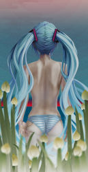  1girl aqua_hair ass back flower from_behind hatsune_miku highres long_hair panties panties_only pi_(pppppchang) shoulder_blades solo striped_clothes striped_panties topless twintails underwear underwear_only very_long_hair vocaloid wedgie  rating:Questionable score:58 user:danbooru