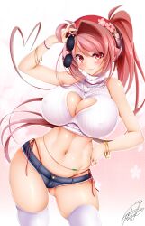  breasts curvy highres huge_breasts jotti large_breasts midriff navel original pink_eyes pink_hair ponytail reimusan_(jotti) ribbed_sweater short_shorts shorts sunglasses sweater thighs 