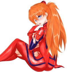  1girl absurdres artist_request ass blue_eyes bodysuit breasts brown_hair curvy evangelion:_3.0+1.0_thrice_upon_a_time hair_ornament highres huge_ass interface_headset large_breasts long_hair looking_at_viewer looking_back neon_genesis_evangelion plugsuit rebuild_of_evangelion red_bodysuit shiny_clothes shiny_skin simple_background sitting skin_tight solo souryuu_asuka_langley torn_bodysuit torn_clothes very_long_hair white_background wide_hips  rating:Sensitive score:8 user:Popote