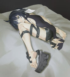  absurdres arknights aspirine4832 barefoot bdsm black_hair bondage bound contortion flexible hair_ornament highres la_pluma_(arknights) looking_at_viewer lying on_bed on_stomach one_shoe soles toes  rating:Sensitive score:40 user:BeefyLeafy69