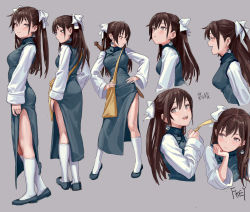 1girl :d ^_^ artist_name ass blue_dress blue_footwear brown_eyes brown_hair character_sheet china_dress chinese_clothes closed_eyes cropped_torso dress earrings expressions fkey from_behind from_side full_body grey_background hair_between_eyes hair_ribbon hand_on_own_hip hand_up hands_on_own_hips hands_up head_rest head_tilt jewelry kneehighs long_hair long_sleeves looking_at_viewer mole mole_under_eye multiple_views open_mouth original parted_lips pelvic_curtain profile ribbon scabbard sheath sheathed shirt shoes side_slit signature simple_background smile socks standing sword thighs translation_request two_side_up upper_body weapon white_ribbon white_shirt white_socks wide_sleeves yin_yang yin_yang_earrings rating:Sensitive score:18 user:danbooru