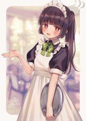  1girl :d apron black_dress black_hair blue_archive blunt_bangs blush border bow bowtie bright_pupils buttons collared_dress commentary_request dress frilled_apron frills green_bow green_bowtie grey_halo halo hand_up holding holding_tray indoors long_hair looking_at_viewer lulinco maid maid_apron maid_day miyu_(blue_archive) open_mouth ponytail red_eyes short_sleeves sidelocks signature small_sweatdrop smile solo standing tray twitter_username white_apron white_border white_pupils  rating:General score:3 user:danbooru