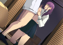  1girl blunt_bangs blush bottomless breasts breasts_out breasts_squeezed_together brown_eyes censored clothes_lift grabbing_own_breast greco_roman_(spiral_brain) highres indoors kneeling large_breasts legs long_hair looking_at_another mosaic_censoring open_mouth original paizuri penis purple_hair school_uniform skirt standing sweat thighs  rating:Explicit score:16 user:Ynyswydryn