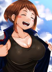 10s 1girl adahcm blue_sky blush blush_stickers boku_no_hero_academia breasts brown_eyes brown_hair cleavage cloud cloudy_sky collarbone day closed_eyes happy highres jacket large_breasts open_clothes open_mouth short_hair sky smile solo sweat tank_top teeth track_jacket upper_body uraraka_ochako rating:Sensitive score:93 user:danbooru