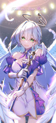  1girl :d absurdres bare_shoulders bead_bracelet beads bracelet bright_pupils choker commentary_request cowboy_shot detached_sleeves dress fall4592 feathers gloves green_eyes hair_between_eyes hair_intakes highres holding honkai:_star_rail honkai_(series) jewelry long_hair looking_at_viewer open_mouth purple_choker revision robin_(honkai:_star_rail) short_sleeves smile solo standing strapless strapless_dress very_long_hair white_dress white_gloves white_hair white_pupils 