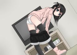  ass black_hair black_legwear highres long_hair looking_at_viewer shorts television thighhighs thighs underwear undressing  rating:Sensitive score:8 user:Leventinos