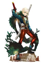  1boy adachi_shingo blonde_hair blue_eyes highres holding jacket looking_at_viewer male_focus nintendo official_art short_hair smile solo weapon wings xenoblade_chronicles_(series) xenoblade_chronicles_2 xenoblade_chronicles_(series) xenoblade_chronicles_2 