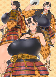  1girl armor asaki_takayuki black_hair breasts broken_tooth brown_eyes chipped_tooth curvy dungeon_meshi female_orc horns huge_breasts inutade japanese_armor japanese_clothes kimono kusazuri low_twintails oni open_mouth orc short_kimono simple_background skin-covered_horns smile solo thick_thighs thighs twintails waraji wide_hips yellow_kimono  rating:Sensitive score:13 user:animeboy12