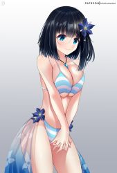 1girl aqua_eyes bare_shoulders bikini black_hair blunt_bangs breasts breasts_squeezed_together cleavage closed_mouth collarbone cowboy_shot flower hair_flower hair_ornament helvetica_std highres jewelry large_breasts looking_at_viewer medium_hair navel necklace original own_hands_together see-through simple_background smile solo striped_bikini striped_clothes swimsuit thighs v_arms rating:Sensitive score:3 user:danbooru