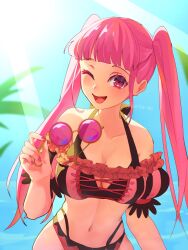  1girl aoisu_ao bikini breasts cleavage commentary_request fire_emblem fire_emblem:_three_houses fire_emblem_heroes highres hilda_valentine_goneril hilda_valentine_goneril_(summer) holding holding_removed_eyewear large_breasts long_hair looking_at_viewer navel nintendo official_alternate_costume one_eye_closed open_mouth outdoors pink-tinted_eyewear pink_bikini pink_eyes pink_hair round_eyewear smile solo stomach sunglasses sunlight swimsuit tinted_eyewear twintails twitter_username unworn_eyewear 