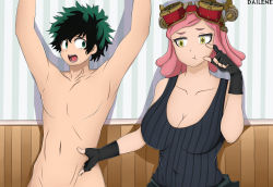  1boy 1girl black_gloves boku_no_hero_academia breasts cleavage clothed_female_nude_male dailene disappointed dreadlocks femdom fingerless_gloves gloves goggles goggles_on_head green_eyes green_hair hair_ornament hatsume_mei highres humiliation looking_at_another looking_down midoriya_izuku nude open_mouth pectorals pink_hair pout small_penis_humiliation tank_top tiny_gesture watermark worried yellow_eyes  rating:Explicit score:33 user:DSPH