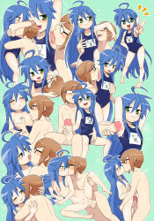  1boy 1girl ahoge barefoot blue_hair blush completely_nude cum cum_in_pussy cum_on_armpit cum_overflow flat_chest french_kiss full_body glasses green_eyes handjob hetero highres ivancyxic izumi_konata kiss licking licking_armpit licking_nipple loli long_hair looking_at_viewer lucky_star lying motion_lines multiple_views navel nipple_stimulation nipples nude penis pussy sequential sex sex_from_behind sitting smile spread_legs swimsuit toes vaginal very_long_hair  rating:Explicit score:182 user:LatinoPower