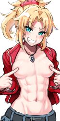  1girl abs absurdres areola_slip artist_name belt belt_buckle blonde_hair blush breasts buckle covering_nipples covering_privates fate/apocrypha fate_(series) female_focus grin harurukan highres jacket jewelry linea_alba looking_at_viewer mordred_(fate) mordred_(fate/apocrypha) muscular muscular_female navel necklace open_clothes open_jacket ponytail simple_background sketch small_breasts smile solo standing teeth tomboy watermark white_background  rating:Sensitive score:106 user:danbooru