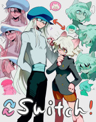  2boys :3 absurdres animal_ears arm_behind_back body_switch cat_boy cat_ears cat_tail commentary_request glaring grey_hair hat height_difference highres hunter_x_hunter kite_(hunter_x_hunter) long_hair male_focus multiple_boys neferpitou orange_eyes personality_switch short_hair smile tail tamvn7dloekjfu7  rating:General score:1 user:danbooru