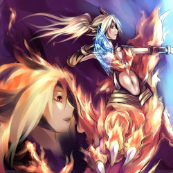  1girl armpits blonde_hair breasts centauroid claws cleavage dragon dragon_devil_queen_dragoon dragon_girl duel_monster face female_focus fire fire floating_hair gloves hair_between_eyes horns long_hair looking_away midriff navel open_mouth outstretched_arm ponytail profile queen_dragoon queen_dragun_djinn red_eyes solo spikes stance sukumo_(kemutai) symbol taur yu-gi-oh! yu-gi-oh!_duel_monsters zoom_layer  rating:Sensitive score:8 user:danbooru