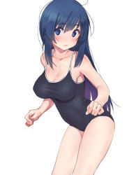 1girl :o bare_arms bare_shoulders black_one-piece_swimsuit blue_eyes blue_hair blush breasts cleavage collarbone colored_eyelashes commentary_request competition_school_swimsuit cowboy_shot female_focus furuyama_itaru large_breasts leaning_forward long_hair looking_at_viewer matching_hair/eyes one-piece_swimsuit open_mouth original school_swimsuit sidelocks simple_background solo standing swimsuit thighs very_long_hair white_background rating:Sensitive score:28 user:danbooru