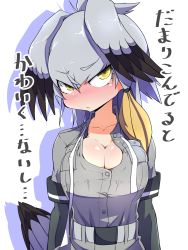 10s 1girl belt bird_tail bird_wings blush breasts cleavage collarbone collared_shirt feathers hair_between_eyes head_wings highres kemono_friends large_breasts looking_at_viewer moyachii shirt shoebill_(kemono_friends) side_ponytail silver_hair simple_background solo tail text_focus twintails unbuttoned unbuttoned_shirt white_background wing_collar wings yellow_eyes rating:Questionable score:16 user:danbooru