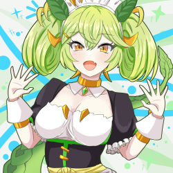  breasts cleavage collarbone daiichi_(1279220) dragon_tail duel_monster eyelashes fang green_hair highres horns looking_at_viewer maid maid_headdress medium_breasts medium_hair parlor_dragonmaid skin_fang tail twintails yellow_eyes yu-gi-oh!  rating:Sensitive score:7 user:danbooru
